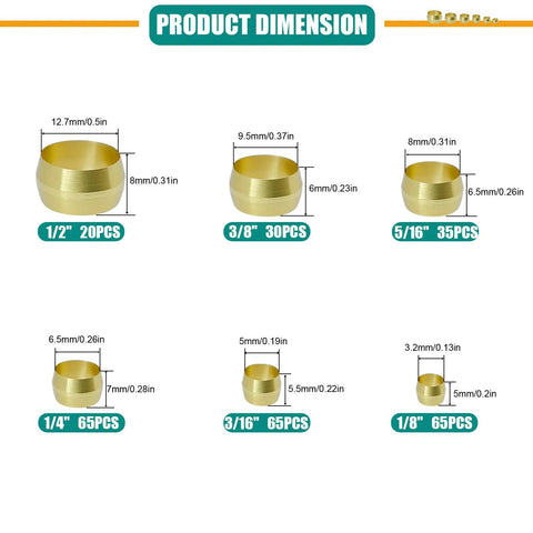 Brass compression ferrule kit with six sizes (1/2", 3/8", 5/16", 1/4", 3/16", 1/8"), counts 20/30/35/65/65/65 (280 pcs).
