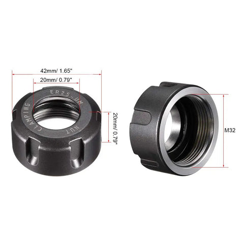 Front and side view of ER25-UM M32 Collet Clamping Nut, cast steel, 42x20mm size, 20mm hole, for CNC milling chuck holder and lathe.