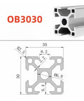 Rock Solid 3030 Aluminum Extrusion With Built In Wire Channel For A Clean Setup On Any Cnc Or 3d Printer Frame Featuring No Drama Cable Management Smooth T Slot Mounting Plus Five Piece Connector Kit showing side and top views with dimensions.