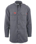 Mens Flame Resistant Work Shirt With Breathable Westex DH Air Fabric Built Tough For The Daily Grind Featuring Mic Loops Moisture Wicking Tagless Relief And Nomex Threaded Seams In Stone Gray. Front view of stone gray long-sleeve shirt with button closure and pockets.