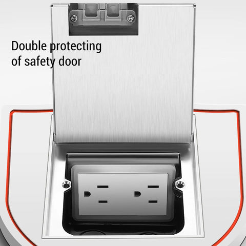 Slick Recessed Floor Outlet Kit With Flat Concealed Two Prong Six Hole Receptacle and Smooth Lift Stainless Cover opened view