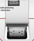 Slick Silver Recessed Floor Electrical Outlet Kit With Built In Sealing Loop For Tile And Marble Floors Tough As Nails Stainless Steel Build No Stress Lift Up Cover 2 Prong 6 Hole Design showing safety door detail.