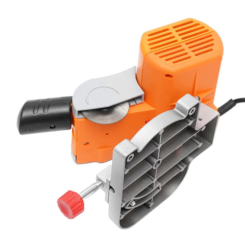 Compact Miter Saw With Adjustable Angle for quick wood plastic stone and nonferrous metal cuts, orange body and C clamp detail