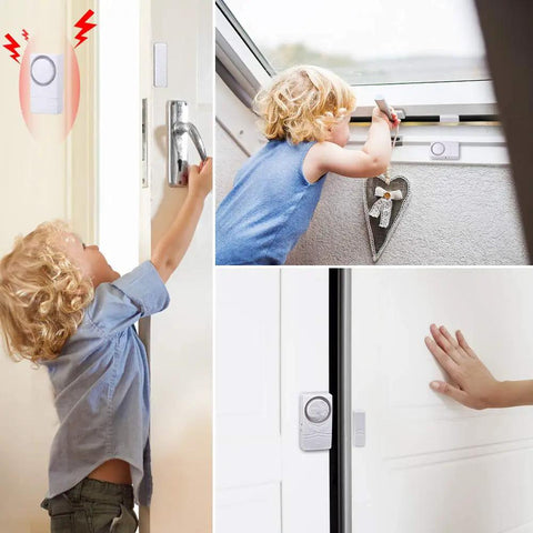 Child demonstrating Door And Window Alarm Kit For Home Wireless Security Sensor System with 110 dB loud alarm and easy install feature.