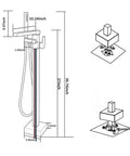 Diagram showing dimensions of Freestanding Matte Black Bathtub Faucet With Waterfall Spout And Hand Shower Floor Mounted Brass Tub Filler