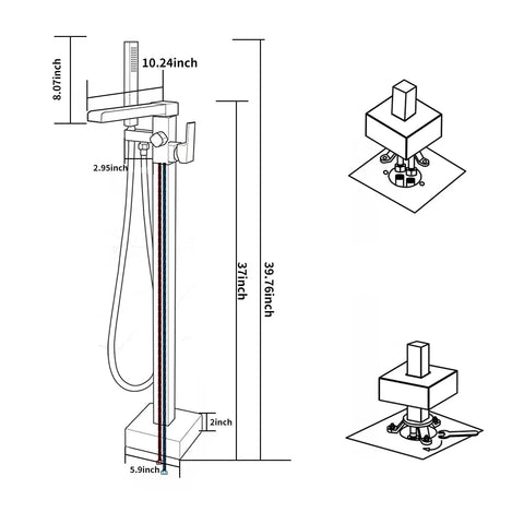 Diagram showing dimensions of Freestanding Matte Black Bathtub Faucet With Waterfall Spout And Hand Shower Floor Mounted Brass Tub Filler