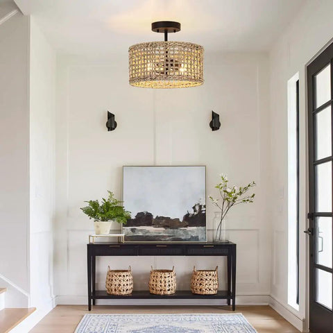 Boho Rattan Drum Ceiling Light With Black Canopy, Two-Light 12 Inch Semi Flush Mount Fixture for Hallway displayed in modern entryway