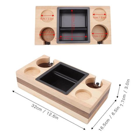 Premium Walnut Wood Coffee Knock Box And Espresso Tamper Stand Holder With Anti Slip Base showing dimensions and design details.