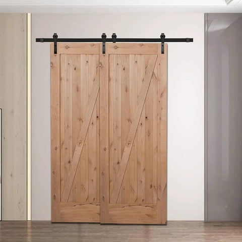 Heavy Duty Sliding Barn Door Hardware Kit For Double Door Bypass And Single Track Low Ceiling Mount 5Ft Rail Tough As Nails Carbon Steel With Black Frost Finish Supports Up To 200 Lb Easy Install showcasing doors