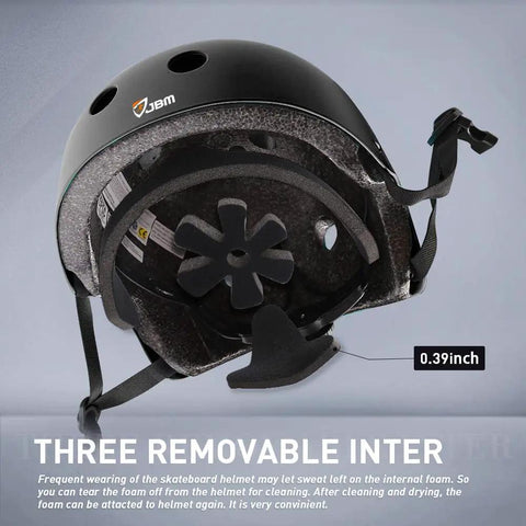 All Ages Skating Protective Gear Set With Helmet Knee Pads Elbow Pads And Wrist Guards For Skateboard Inline And Roller Skating And Scooter Use Durable EVA Padding And Adjustable Fit For Beginners To Pros showing inside of helmet with removable lining and thickness measurement of 0.39 inches.