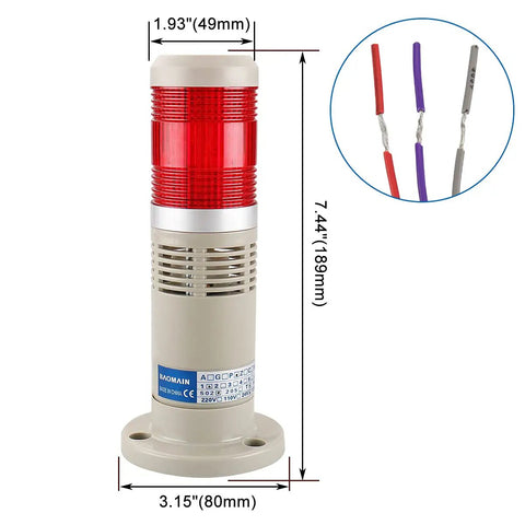 12V DC Industrial Heavy Duty Signal Tower Light with Buzzer Red LED Beacon 7.44 x 1.93 inches for Machinery Use