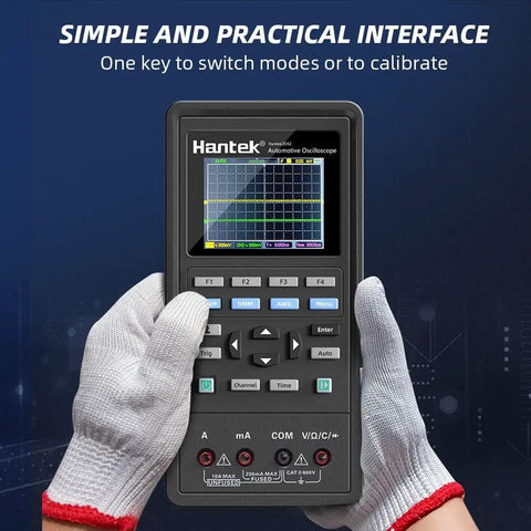 Gloved hands holding a 3 In 1 Handheld Oscilloscope With 40 MHz 2 Channel Automatic Digital Oscilloscope, LCD screen displayed