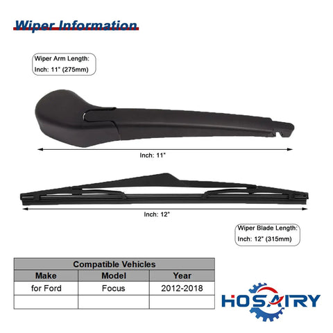 Built Tough Rear Wiper Arm And Blade Set For Ford Focus 2012 To 2018 Hatchback Se St Rs No Sweat Drop In Replacement 11 Inch Arm With 12 Inch Rubber Blade, showing arm and blade dimensions.