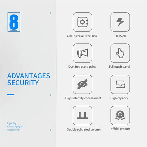 Diagram showing advantages of a steel safe, including all-steel box, 0.1s open, and full touch panel. Includes security and durability features.