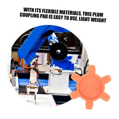 Orange plum-shaped rubber coupling pad beside robotic arm, Plum-Shaped Rubber Coupling Pad For Jaw Couplings, Pro-Grade Flexible Shock Absorbing Cushion