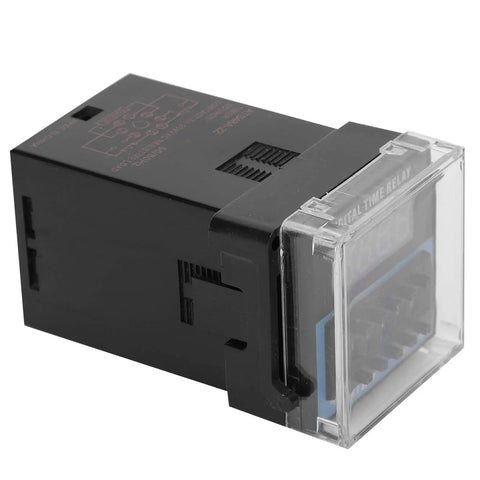 Beefed-Up Time Delay Relay For Industrial Automation And Machinery, Adjustable Cycle Timing, DC 12V Control, Digital Setting, Big Contact Points, Precise Digital Timing For Factory Equipment, black DIN relay with clear cover