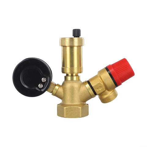 Brass Boiler Safety Group Kit With 6 Bar Pressure Relief Valve Air Vent And 10 Bar Gauge For Closed Heating Circuits Pro Grade Heavy Duty Brass Construction For Home And Commercial Heating Systems Compact 15.5x11.5 Cm, showing brass assembly with gauge and valve.