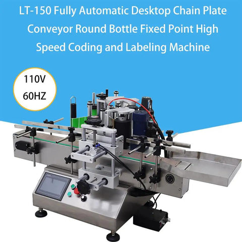 Automatic Label Applicator With Integrated Code Printer For Round Bottles High Speed Chain Conveyor And Receiving Tray, 110V desktop machine.