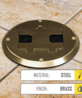 Floor Kit With Recessed Duplex 15A TR Device And Adjustable Steel Box In Brass Finish 1-Gang shown on tile floor