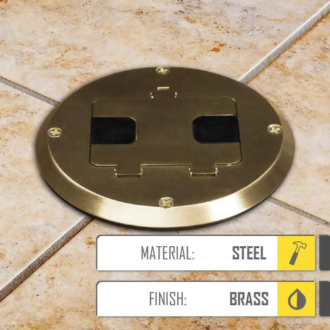 Floor Kit With Recessed Duplex 15A TR Device And Adjustable Steel Box In Brass Finish 1-Gang shown on tile floor