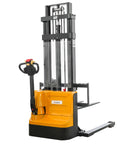 Fully Powered Electric Walkie Stacker With Adjustable Straddle Legs for Pallet Handling 3300 Pound Capacity Lifts Up To 118 Inches