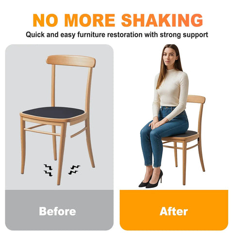 Before and after of chair stability using the 24 Pack Stainless Steel L Brackets Heavy Duty Corner Braces For Wood Furniture And Shelves With Screws