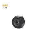 Top Shelf Black 4 40 Nylock Nuts One Hundred Piece Pack For Grease Monkey Repairs Featuring Coarse Thread Self Locking Grips Plus Sturdy Reservoir Bin For Quick Grab And Go Mobile Mechanic Setup, black 4-40 locking nut, side view.