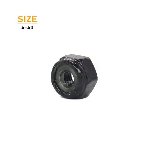 Top Shelf Black 4 40 Nylock Nuts One Hundred Piece Pack For Grease Monkey Repairs Featuring Coarse Thread Self Locking Grips Plus Sturdy Reservoir Bin For Quick Grab And Go Mobile Mechanic Setup, black 4-40 locking nut, side view.