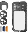 Phone Cage Rig for iPhone 17 Pro Max With Quick Release Stabilizer Kit, 67mm Filter Ring, 17mm Lens Backplate, PA144 Black frame with caps