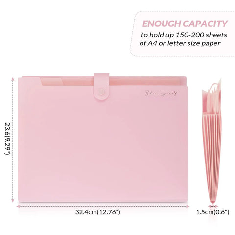 Pink 8 Pocket Expanding File Folder Accordion Organizer For School Office And Hospital Fits Letter And A4 Size With Secure Snap Closure Great For Receipts And Papers On The Go, showing dimensions and capacity for up to 200 sheets.