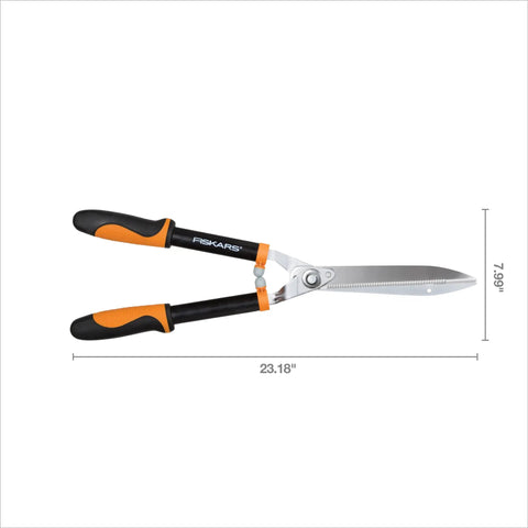 Power-Lever Hedge Shears 23-Inch With Self-Sharpening Blades For Thick Branches And Dense Hedges Lightweight 2.6 Pound Tool That Doubles Your Cutting Power For Quick Beastly Pruning. 23.18-inch hedge shears with metal blades and black-orange handles