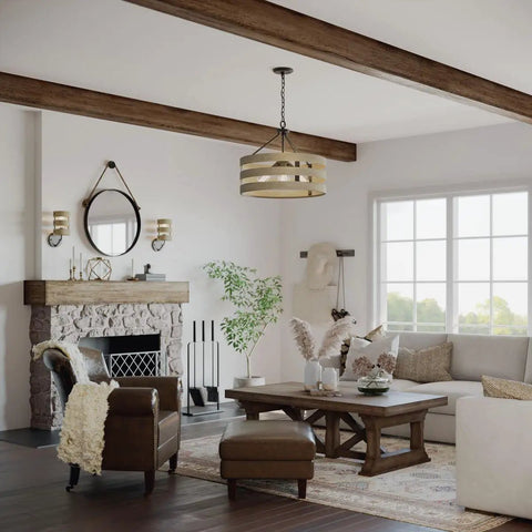 Living room with Gulliver Sconce Graphite Finish With Embossed Wood Grain Metal Banding Dual Tone Rustic Modern Farmhouse Lighting.