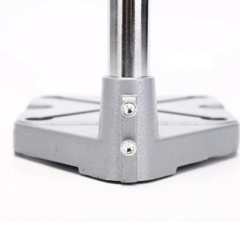 Close-up of Adjustable Electric Drill Press Stand And Holder Bracket base showing lightweight aluminum alloy design and secure clamp.