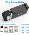 No Sweat Dual Bay Raid Enclosure For 3.5 Inch Sata Hard Drives With Chill Cooling Fan showing dual bay with HDDs installed and compatibility info.