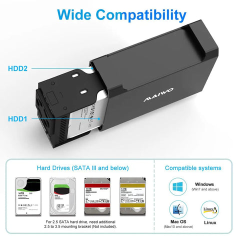 No Sweat Dual Bay Raid Enclosure For 3.5 Inch Sata Hard Drives With Chill Cooling Fan showing dual bay with HDDs installed and compatibility info.