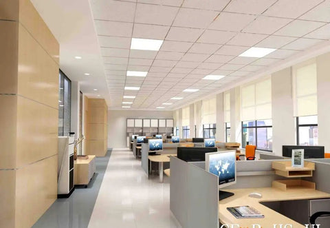 Office space with Two By Four Foot LED Panel Light 50W 6500 Lumen Backlit Flat Panel With Adjustable 3000K To 5000K CCT installed on ceiling