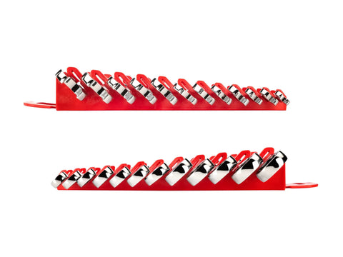 Flex Head Ratcheting Wrench Set, 13-Piece, 1/4 To 1 Inch with Holder, side view showing two rows on a red organizer