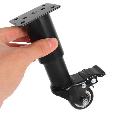 Hand holding one Adjustable Furniture Legs With Wheels 4 Pack No Sweat Install Heavy Duty Cold Rolled Steel stabilizer.