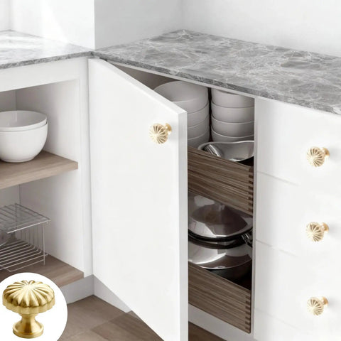 French Style Brass Cabinet Knobs Set Of Two, Gold Kitchen Cupboard Hardware, Pure Copper Dresser Drawer Pulls on a white cabinet.