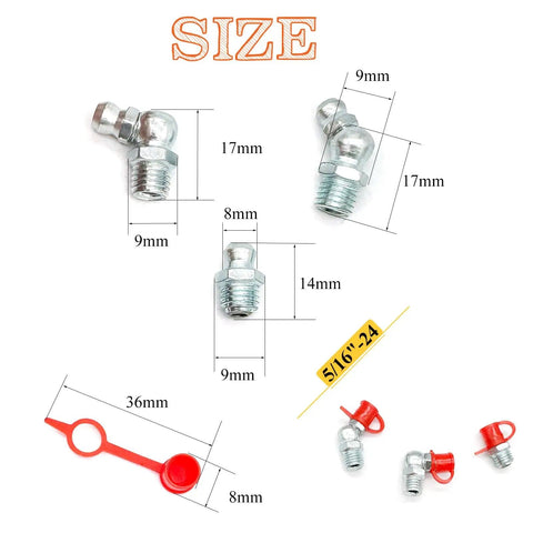 Grease Fitting Assortment Kit 5/16-24 In Straight 45 Degree And 90 Degree Zerk Fittings With Caps Galvanized Steel