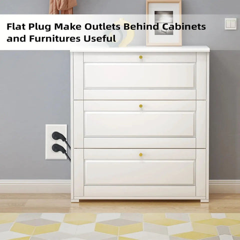 Flat plug powering devices behind a white cabinet, 25 Ft Indoor Flat Plug Extension Cord With Low Profile 3 Prong Grounded Power Cable Black