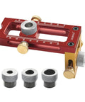 Pro Level 2 In 1 Cross Dowel Drill Guide Kit with adjustable locator and three metal sockets for precise woodworking.