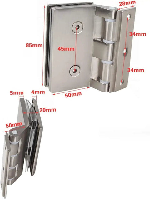 Heavy Duty Stainless Steel Glass Door Hinges Four Pack showing dimensions and details for office sliding windows.