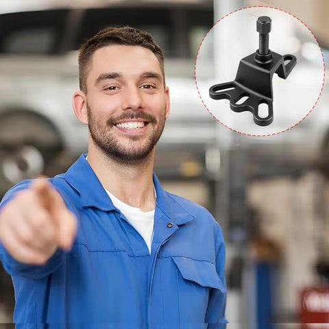 Mechanic pointing at Front Hub Installer Puller Tool for Cars and Trucks with flange style axle remover illustration
