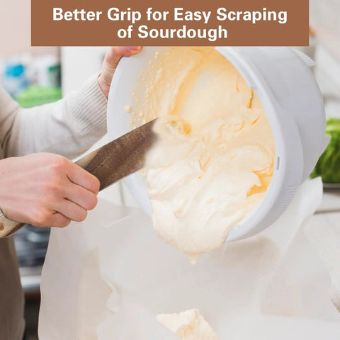 Wooden Skinny Spurtle 10 Inch For Sourdough Starter And Bread Mixing scraping dough from white bowl