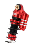 Close-up of 39mm Aluminum Threaded Adjustable Oil Filled Shocks For SCX24 RC Crawlers Red And Black Dope Quick Preload Tuning