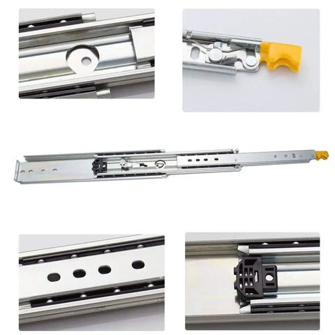 Heavy Duty Triple Panel Soft Close Drawer Slides With Push To Open Design For Bedroom Cabinets showing metal rail components and push mechanism.