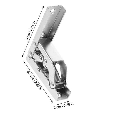 Angled view: two-piece metal folding cabinet hinge with hidden shelf support for kitchen cabinets; 8 cm tall, 6.7 cm wide, 2 cm deep.