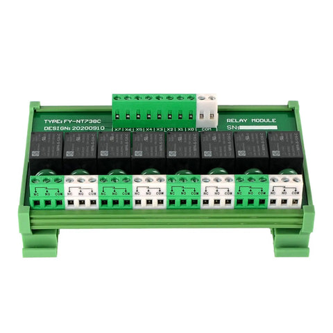 Front view of 8 Channel SPDT DIN Rail Mount Relay Module 24V DC And AC Plug And Play Interface Board for industrial automation