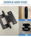 10-piece black cabinet hinges for residential doors; hardware with mounting plates, shown disassembled and installed